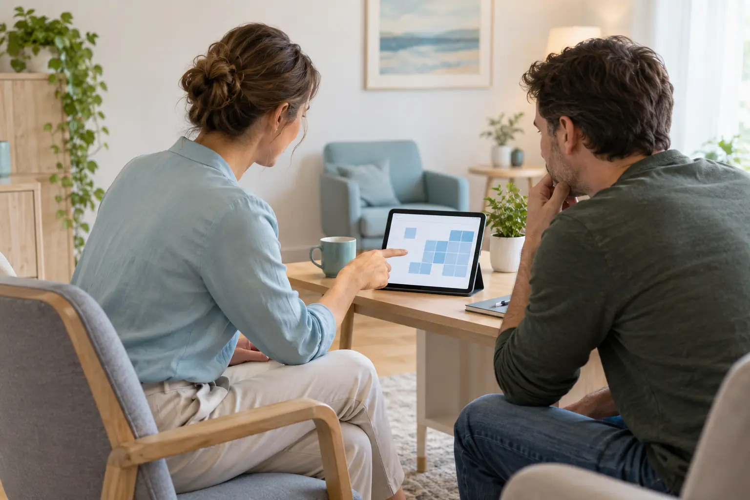 Zwei Personen schauen zusammen auf ein Tablet am Rand eines Therapieraums.