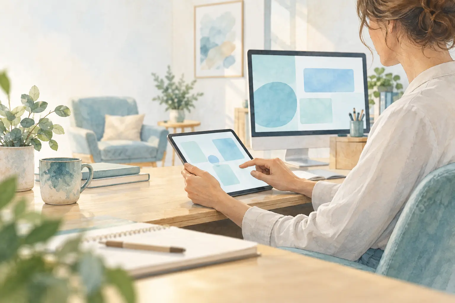 Eine Hand bedient ein Tablet, während im Hintergrund ein Monitor mit abstrakten blauen Flächen steht.