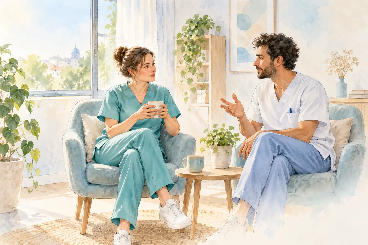 Zwei Teammitglieder sitzen in einer hellen Pausenecke und sprechen bei einer Tasse miteinander.