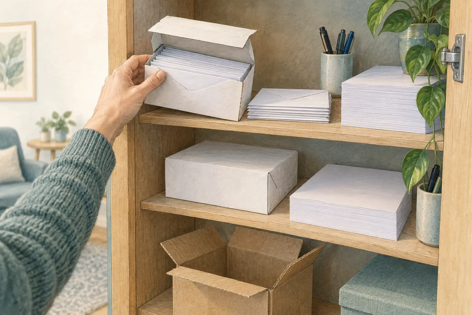 Eine Hand prüft eine angebrochene Umschlagpackung neben weiterem Vorrat und einem offenen Lieferkarton im Büroschrank.