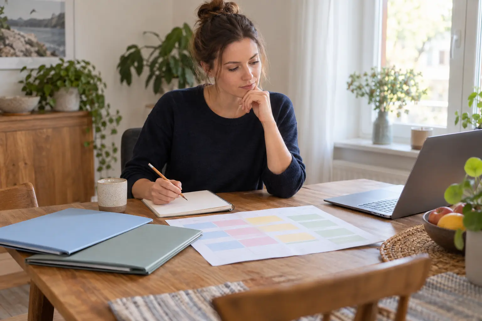Eine Frau mit Bleistift und Notizbuch betrachtet einen Wochenplan neben zwei Mappen und einem Laptop an einem hellen Tisch.