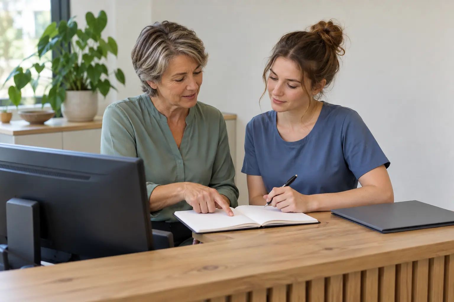 Eine erfahrene Kollegin mit kurzem graubraunem Haar und eine jüngere neue Mitarbeiterin betrachten ein unbeschriftetes Notizbuch am Empfang; die neue Kollegin hält einen Stift, daneben stehen ein Monitor und eine geschlossene Mappe.