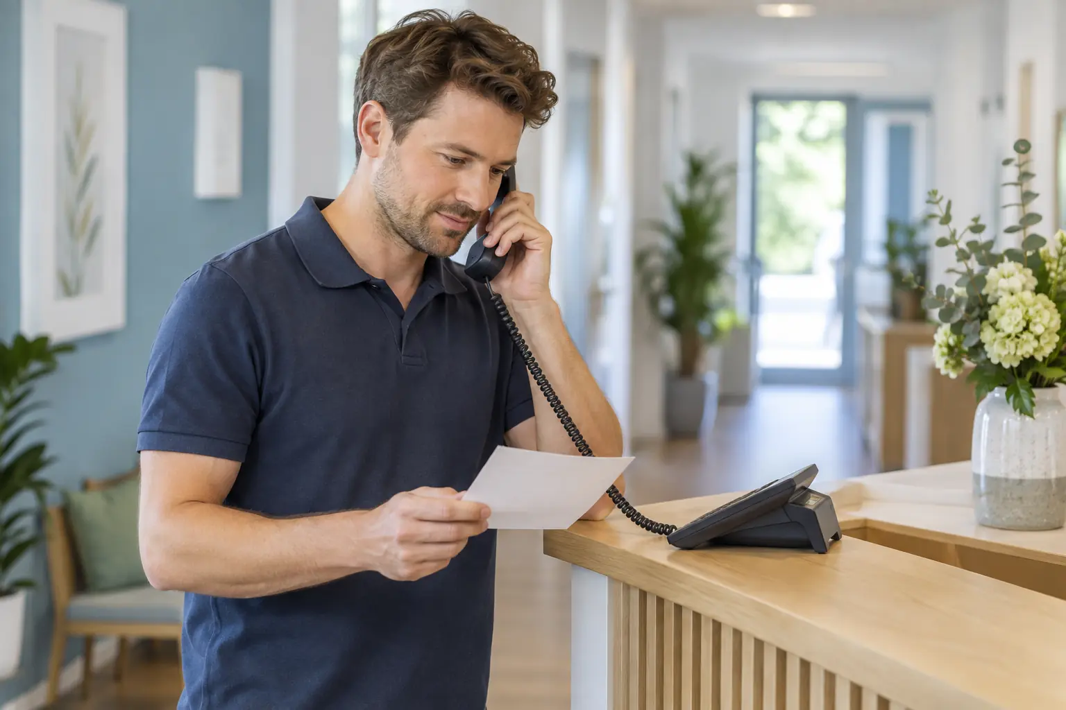 Ein Praxismitarbeiter hört am Empfang mit einem Telefonhörer die Ansage ab und vergleicht sie mit einer Papiernotiz.