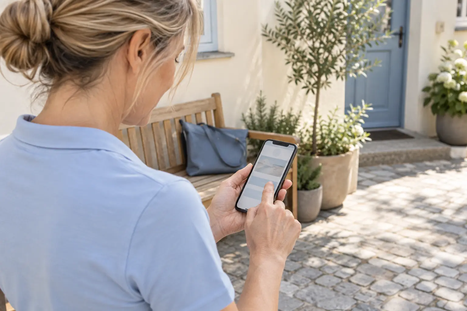 Eine Therapeutin hält vor der Praxis im hellen Innenhof ihr Smartphone und prüft die Anzeige; auf der Bank steht eine geschlossene Tasche.