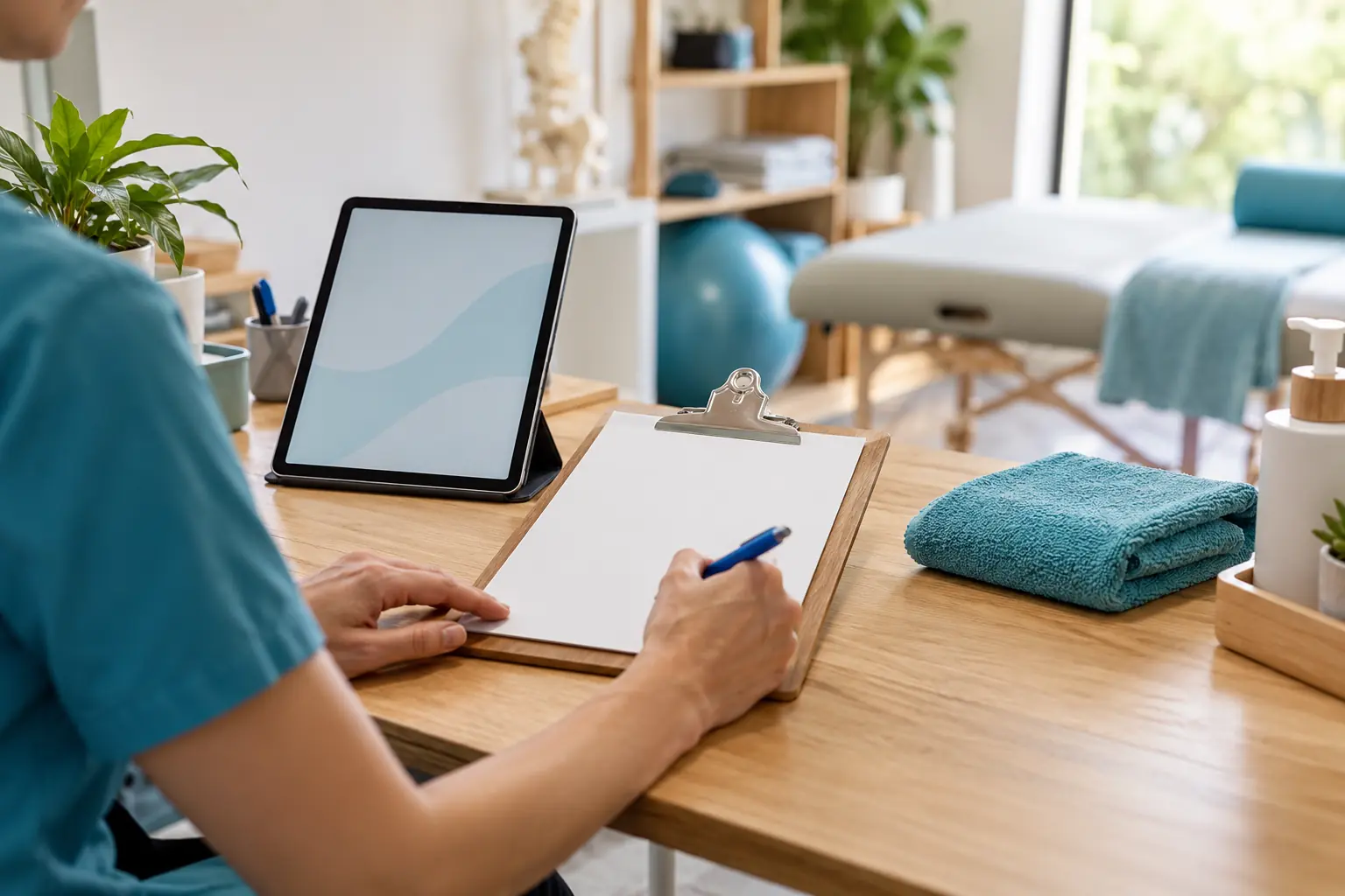 Eine Fachperson hält einen Stift über einem Klemmbrett neben Tablet und Handtuch im Therapieraum.