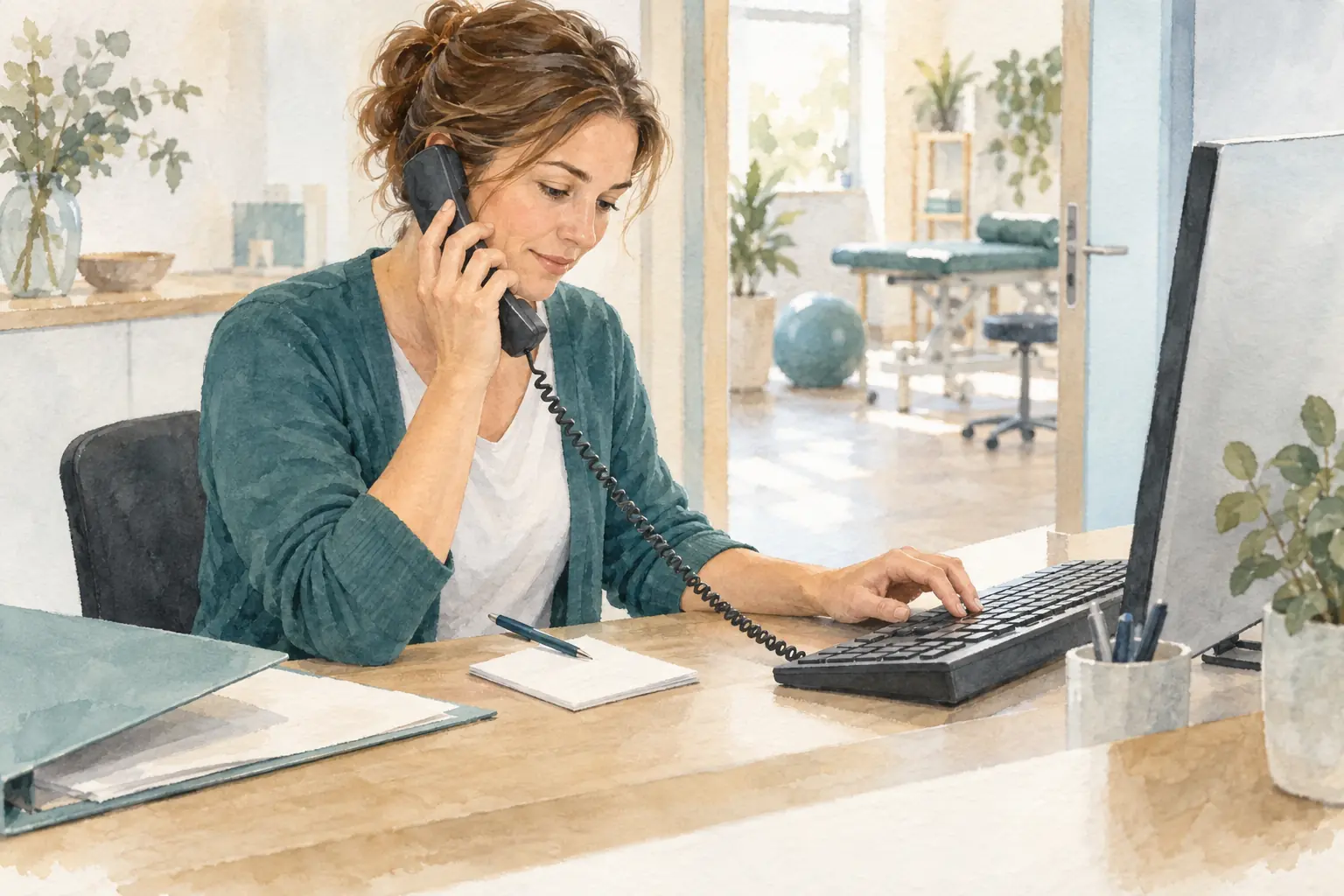 Empfangskraft telefoniert und arbeitet an einer Tastatur; auf dem Tisch liegen ein neutraler Notizblock und eine offene Mappe.