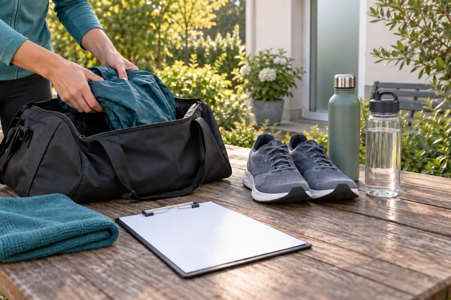 Laufschuhe, Trinkflaschen und eine offene Materialtasche werden für ein Laufangebot vorbereitet.