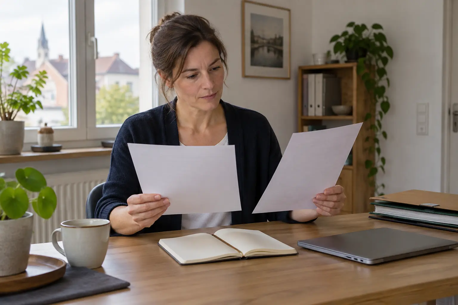 Eine Frau vergleicht zwei unbeschriftete Blätter am Schreibtisch neben einem offenen Notizbuch, einem geschlossenen Laptop und schlichten Mappen.