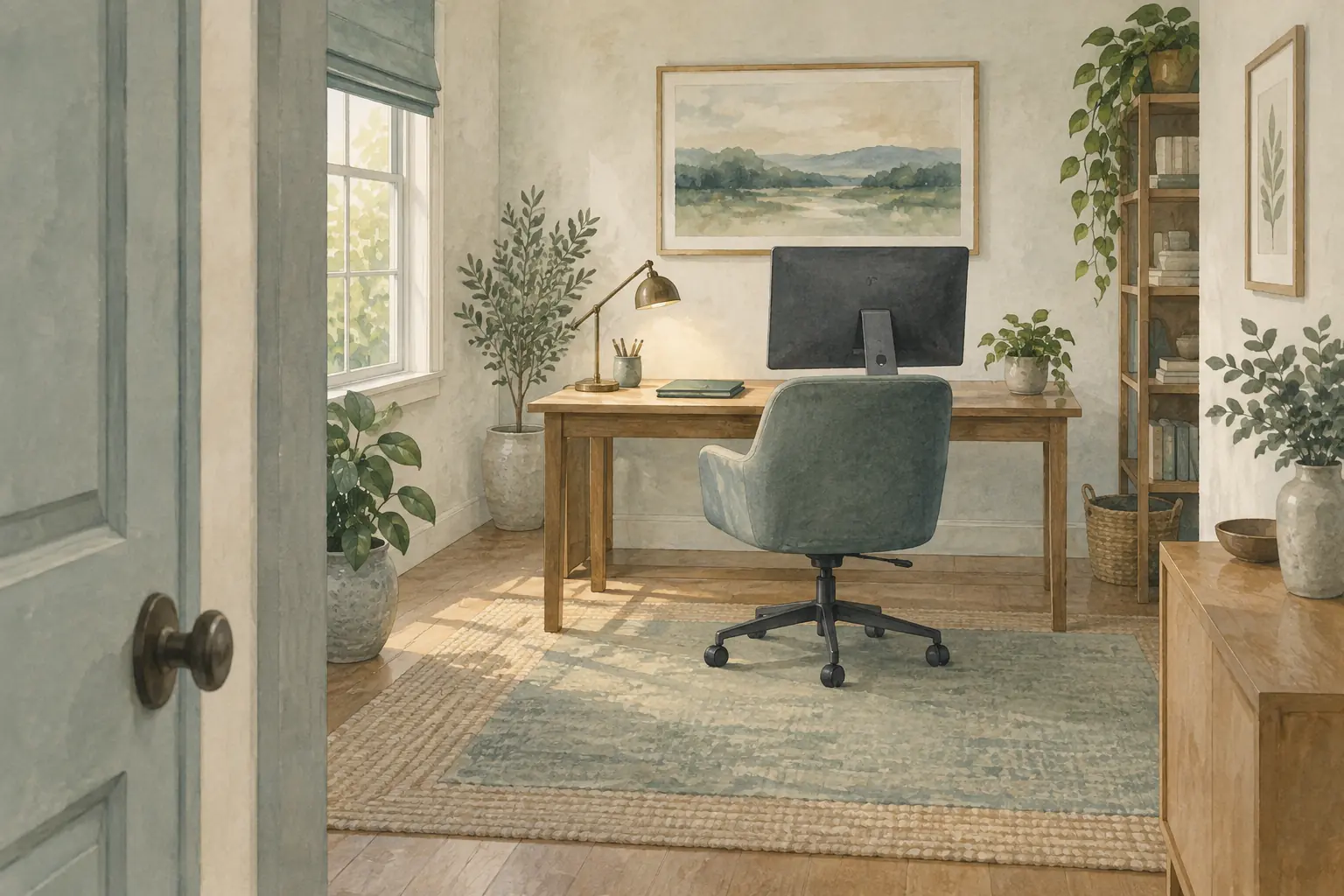 Ein abgegrenzter Homeoffice-Arbeitsplatz steht in einem ruhigen Raum; der Bildschirm ist vom offenen Durchgang abgewandt.