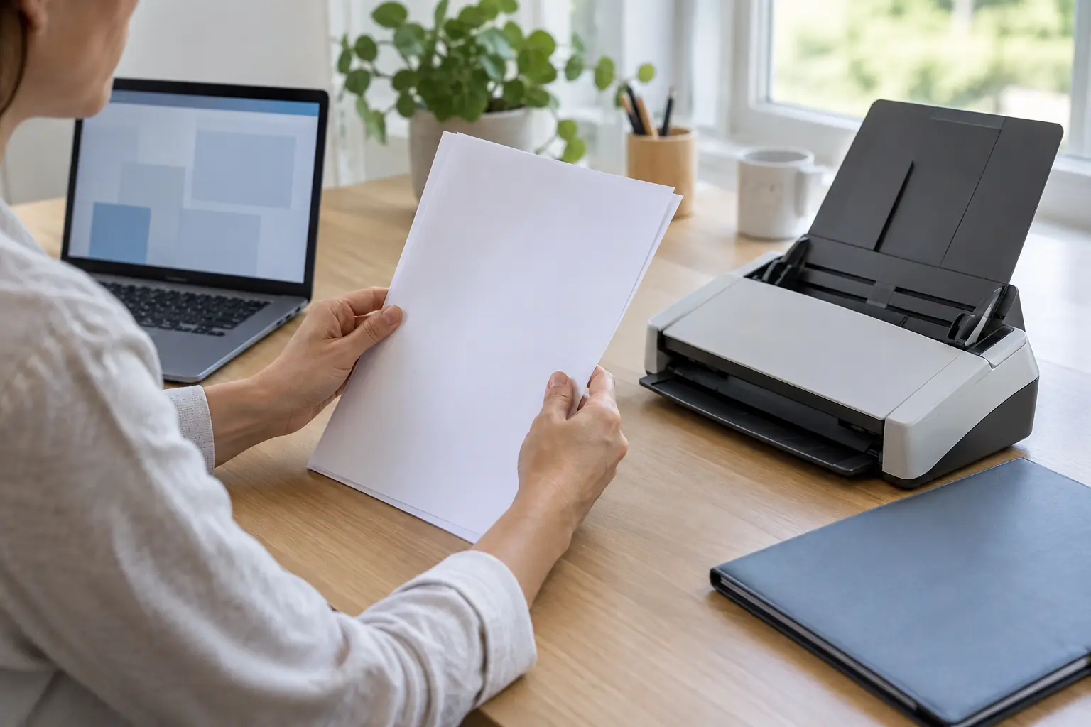 Eine Person richtet zwei Papierblätter neben einem Scanner und einem Laptop auf einem aufgeräumten Schreibtisch aus.