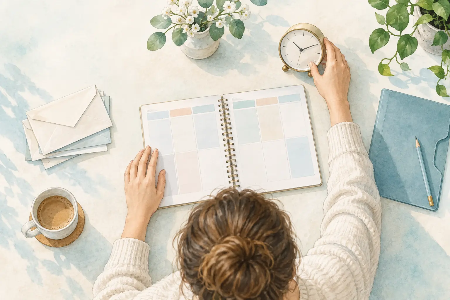 Eine Person plant die Woche an einem leeren Kalender mit Uhr, Umschlägen und blauer Mappe.