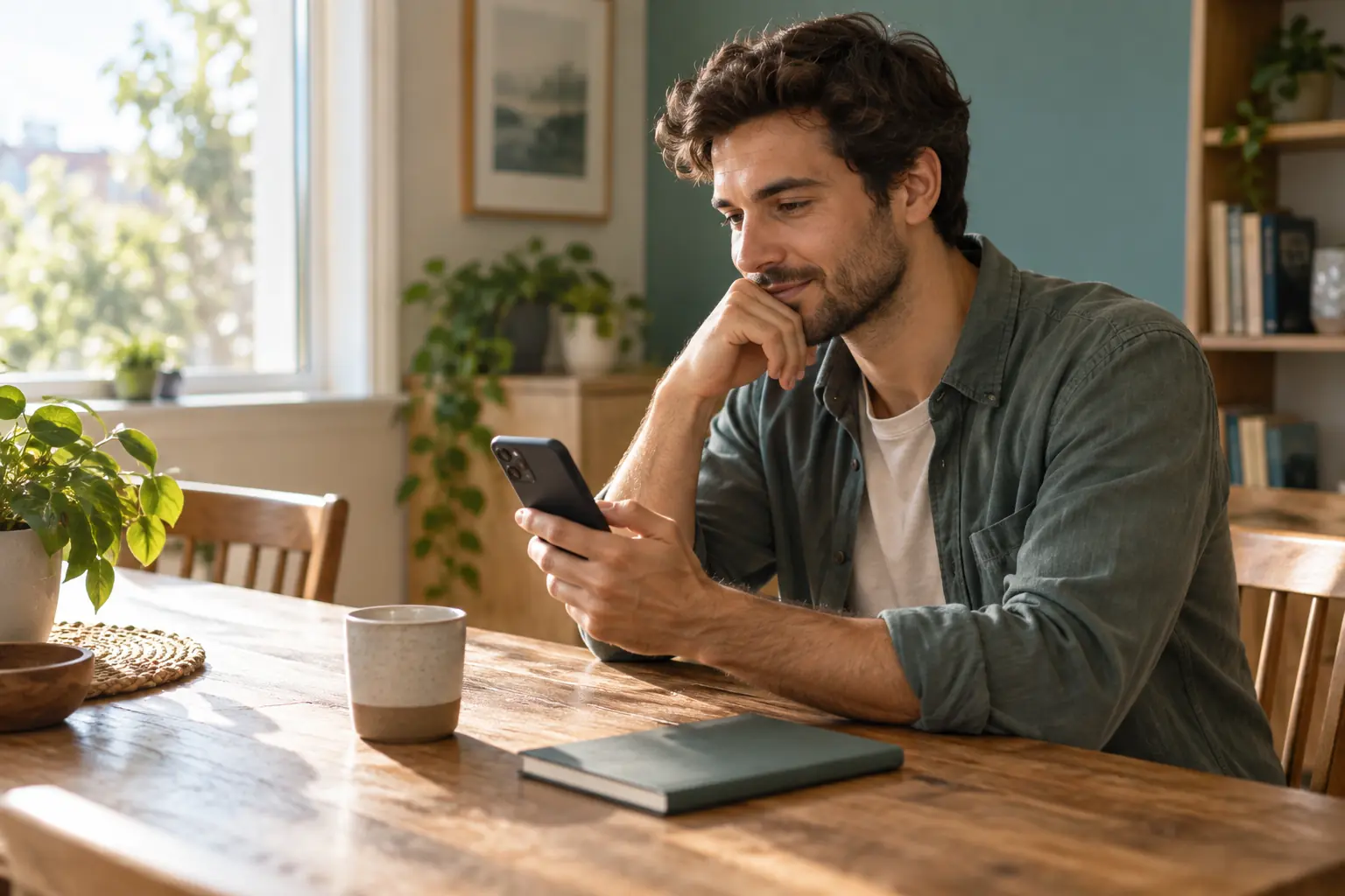 Ein Mann liest auf seinem Smartphone am heimischen Tisch Informationen; der Bildschirm ist nicht sichtbar.