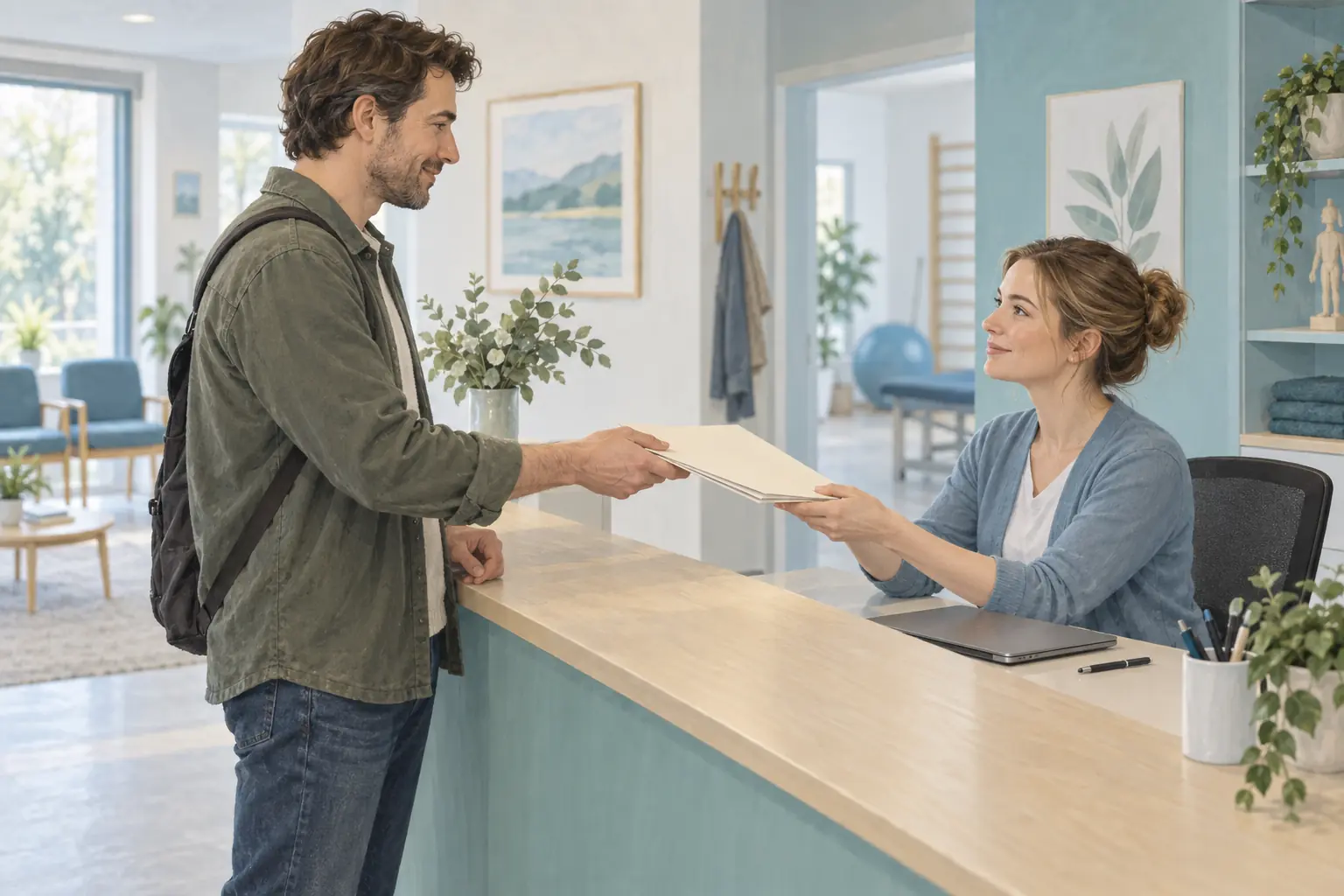 Ein Besucher übergibt eine Dokumentenmappe an eine Empfangsmitarbeiterin in einer Physiotherapiepraxis.