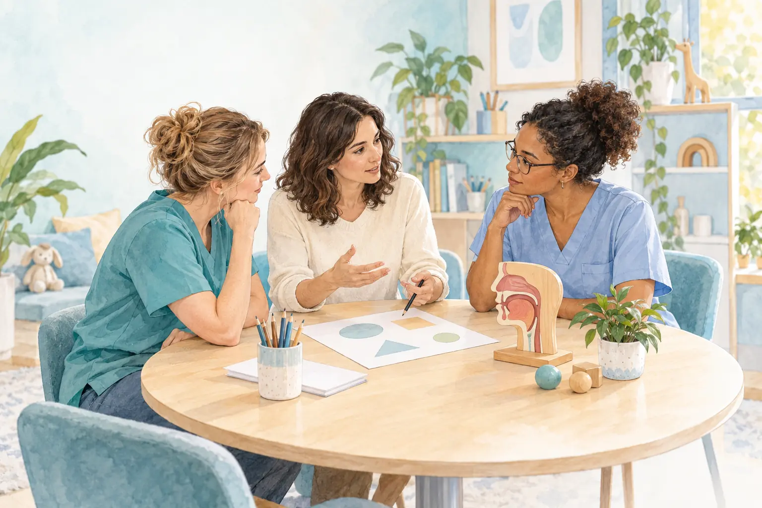 Drei Personen besprechen Unterlagen an einem Tisch mit einem Artikulationsmodell und Stiften.