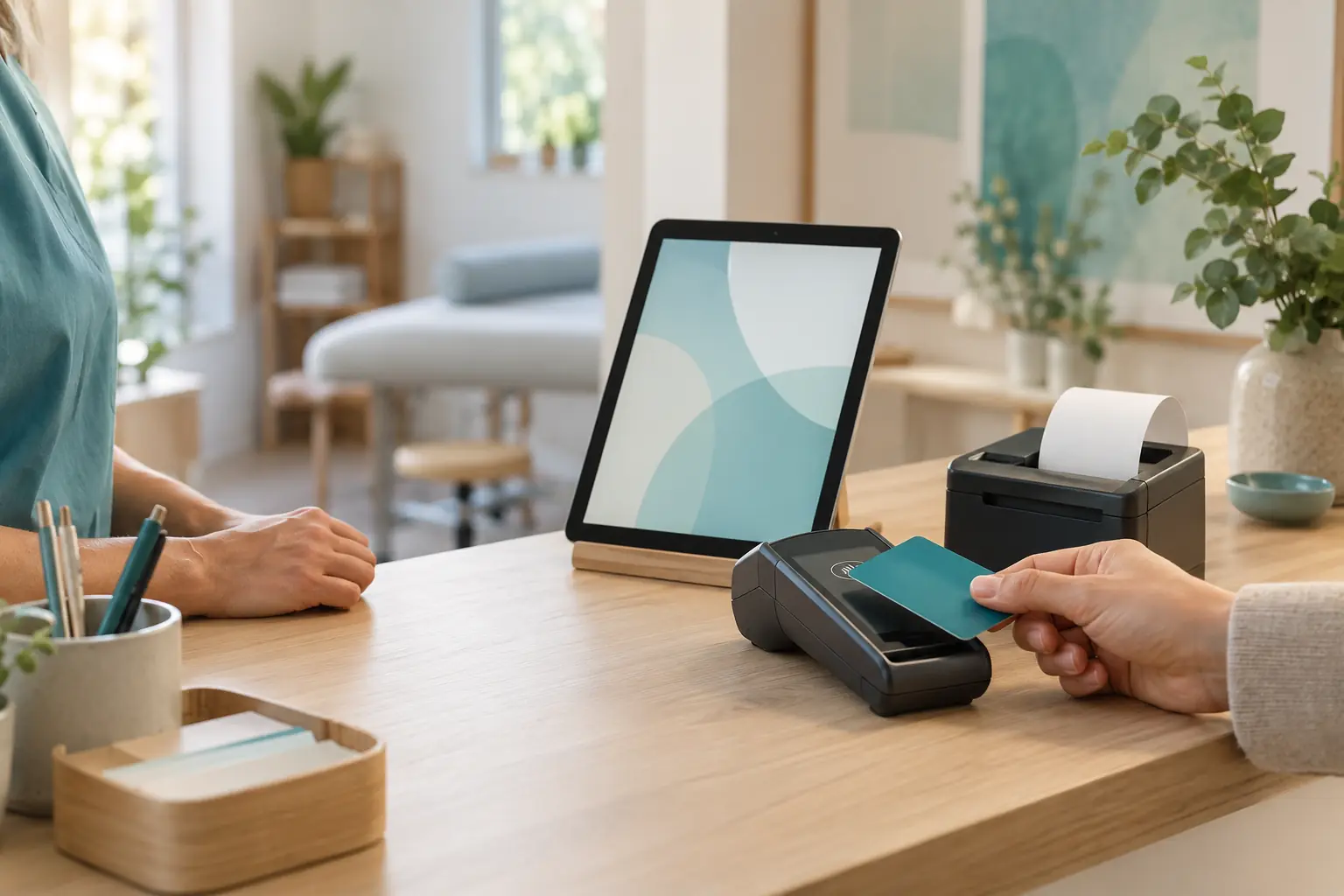 Kartenterminal, Tablet und Belegdrucker auf einem hellen Praxisempfang.