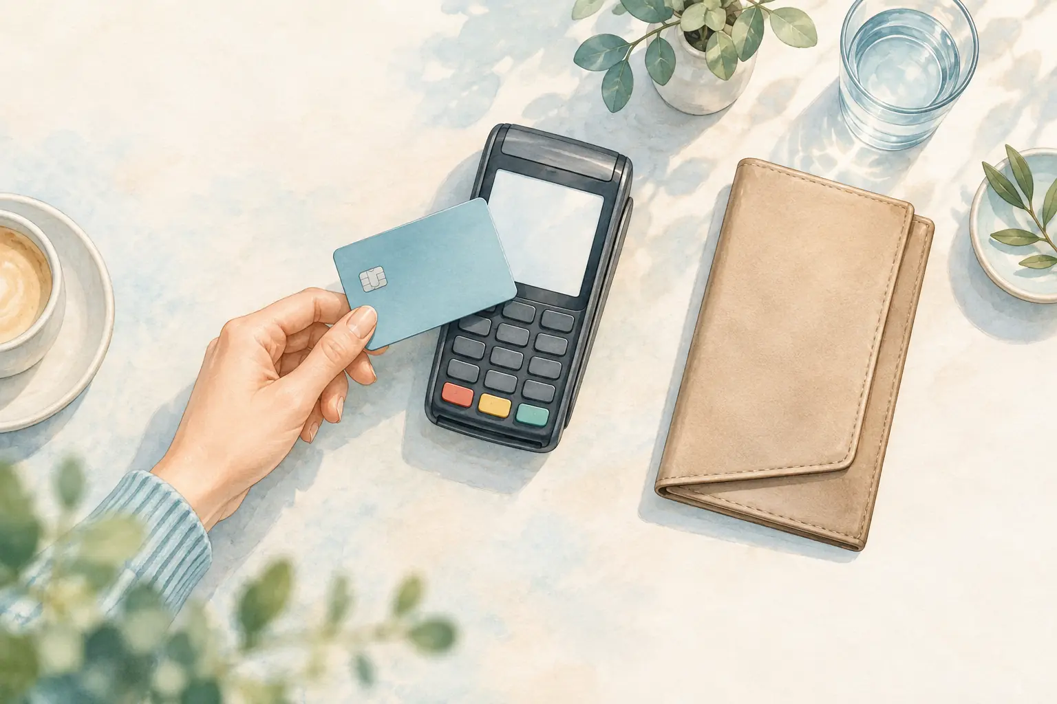 Eine Hand hält eine Bankkarte über ein Kartenterminal neben einer Belegmappe.