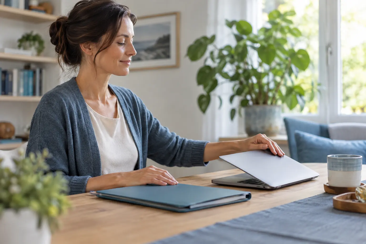 Eine Frau schließt am ruhigen Arbeitsplatz zu Hause ihren Laptop; eine geordnete Mappe liegt neben ihr.