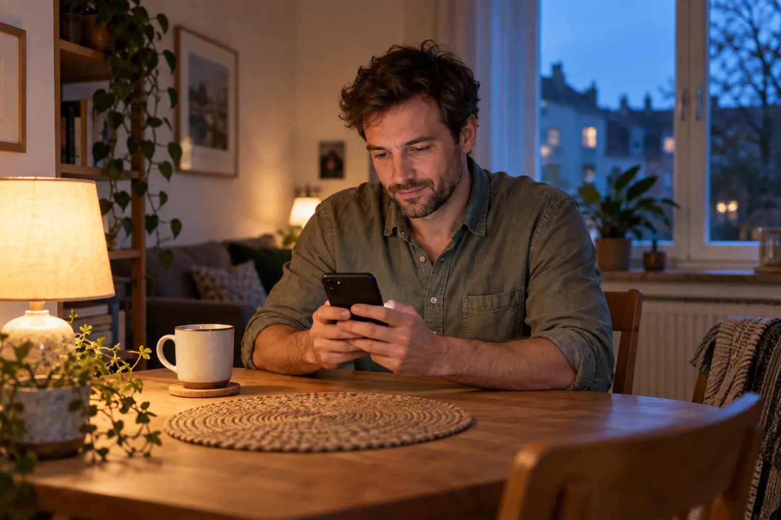 Ein Mann sucht am Abend an seinem Tisch mit dem Smartphone nach einer Terminmöglichkeit.