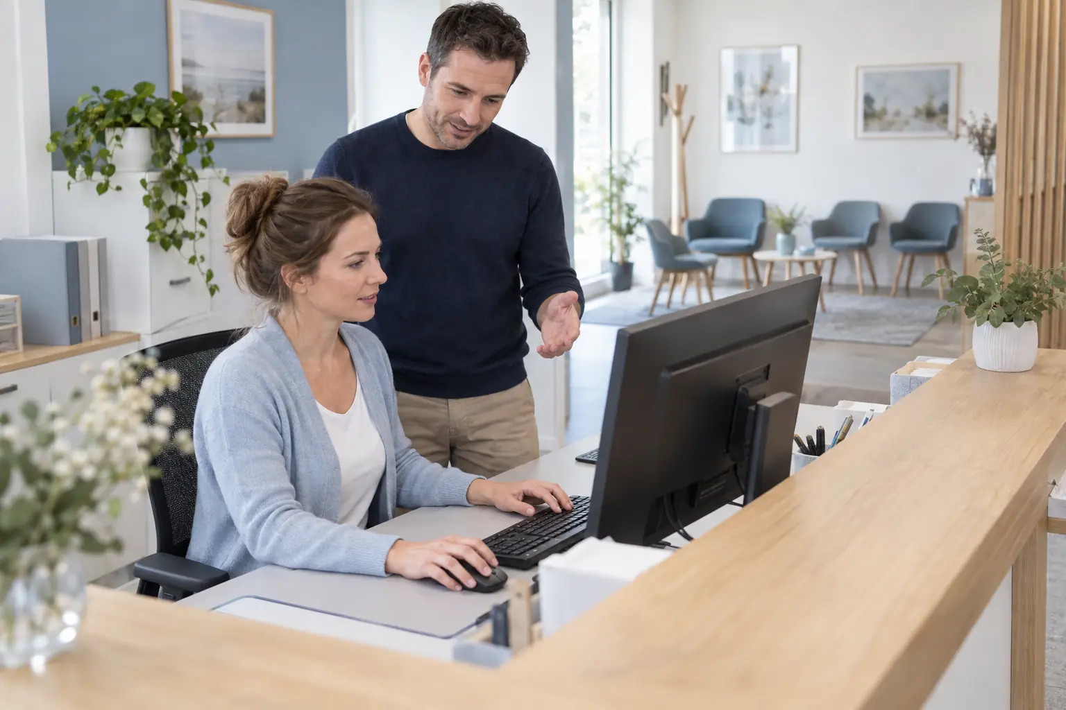 Eine Mitarbeiterin bedient am Empfang selbst den Computer, während ein Kollege den Arbeitsschritt mit ihr bespricht.