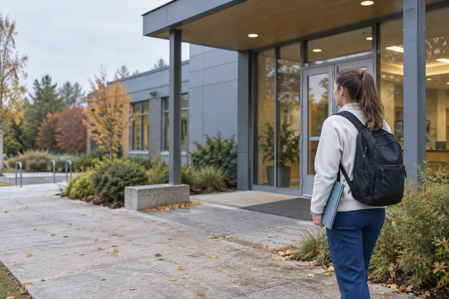 Eine junge Frau mit Rucksack und Mappe steht vor dem überdachten Eingang eines modernen Gebäudes; am Weg liegen Herbstblätter.