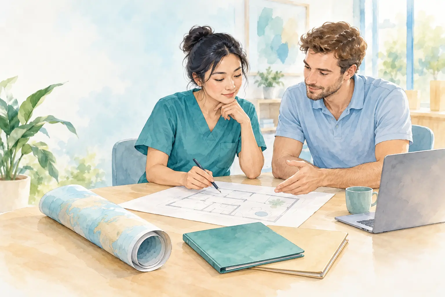 Zwei Fachpersonen besprechen anhand eines Raumplans einen fachlichen Austausch am Tisch.
