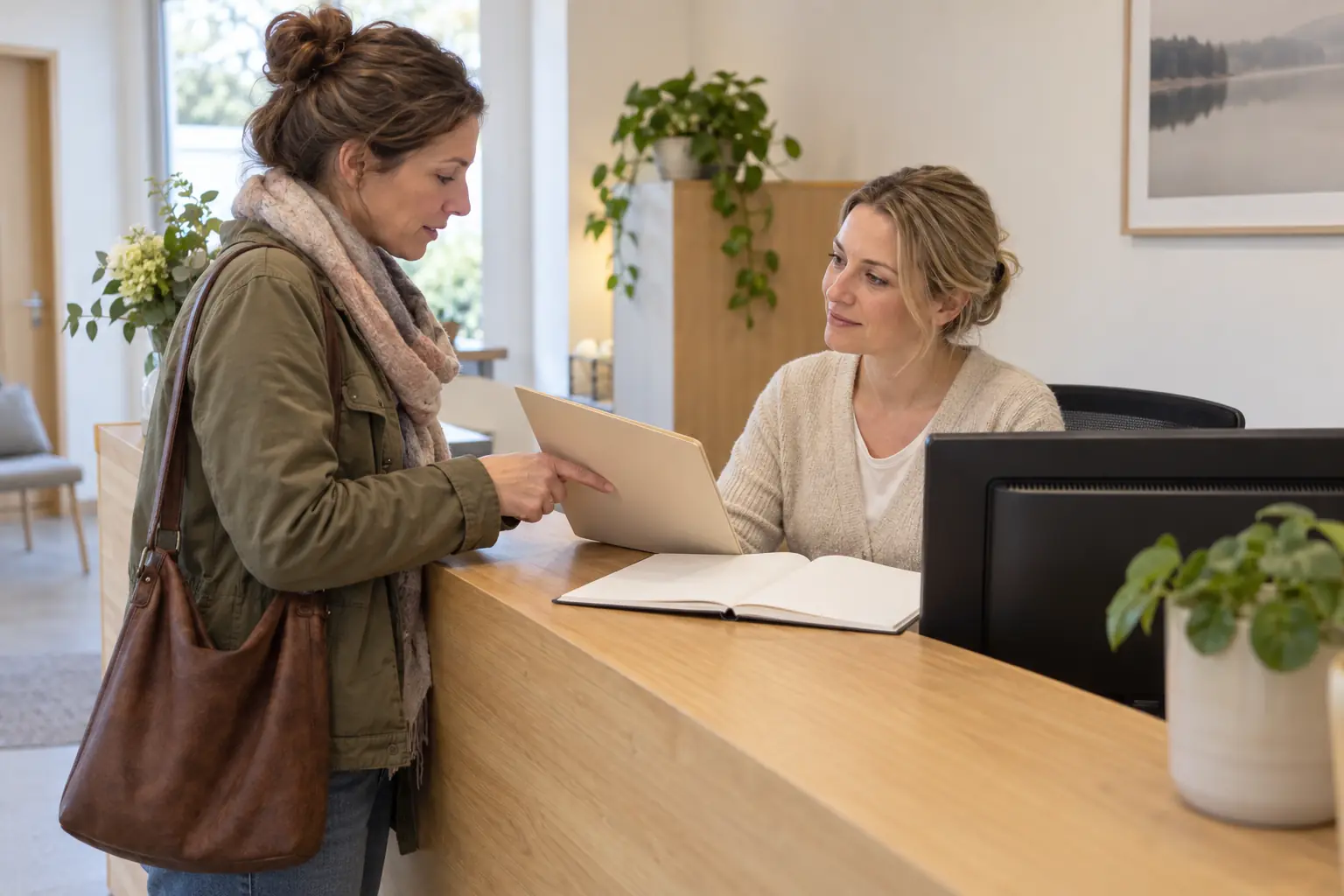 Eine Patientin zeigt am Empfang eine geschlossene Mappe; die Mitarbeiterin hört zu und hat ein offenes unbeschriftetes Notizbuch vor sich, daneben ist die Monitorrückseite sichtbar.
