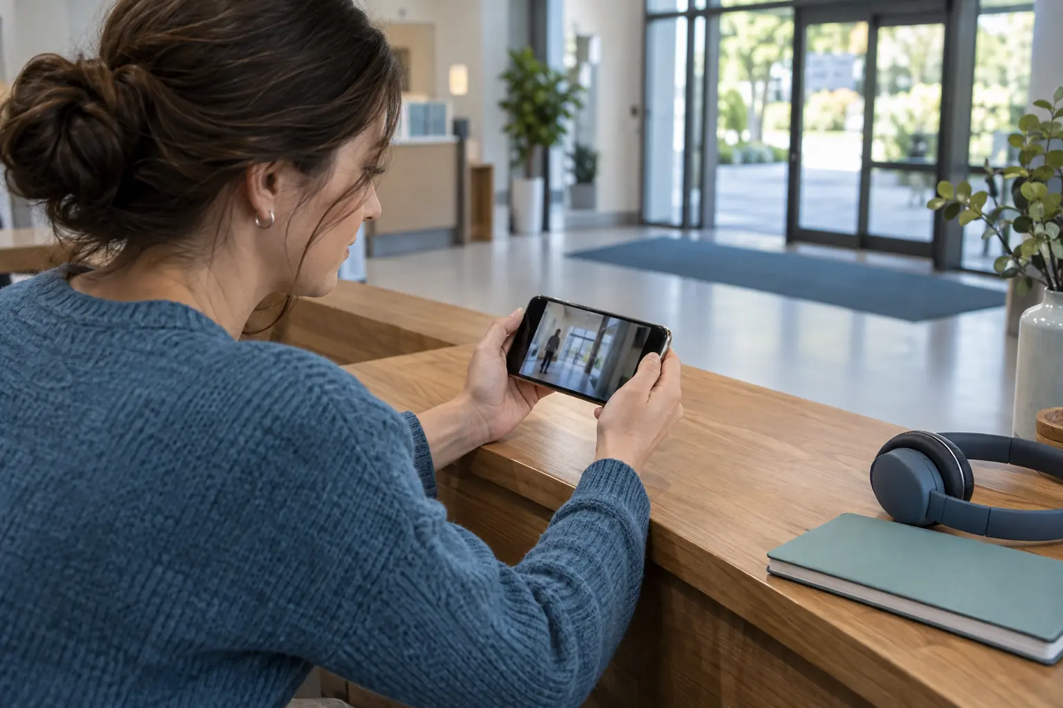 Eine Mitarbeiterin prüft eine Aufnahme auf einem Smartphone an einem ruhigen Praxistresen; im Hintergrund ist der freie Eingangsbereich zu sehen.