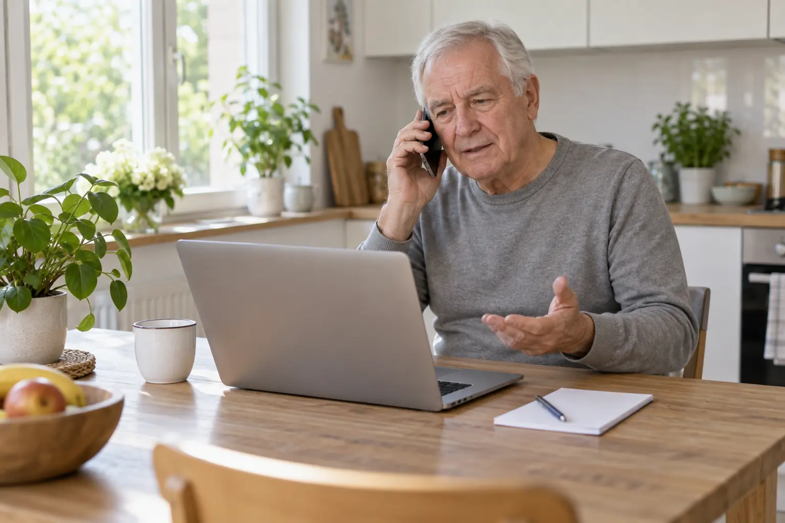 Mann bespricht zu Hause eine technische Zugangsfrage am Telefon; sein Laptop steht vor ihm.