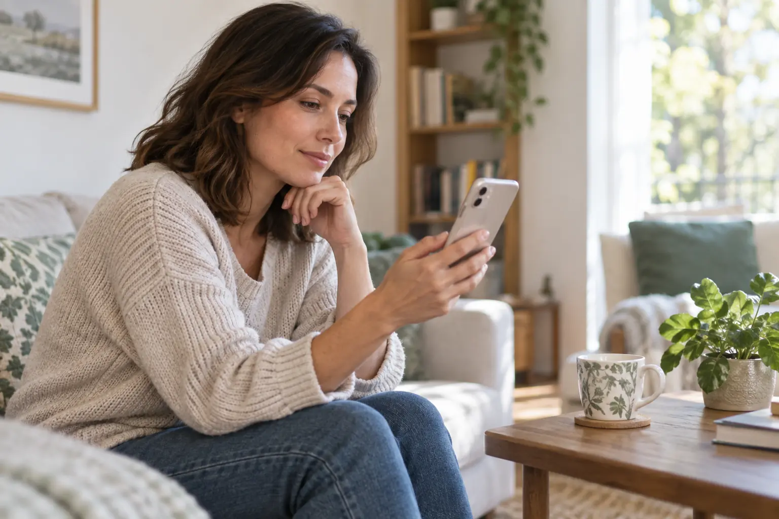 Eine erwachsene Person betrachtet ihr Smartphone in einer ruhigen Alltagssituation.