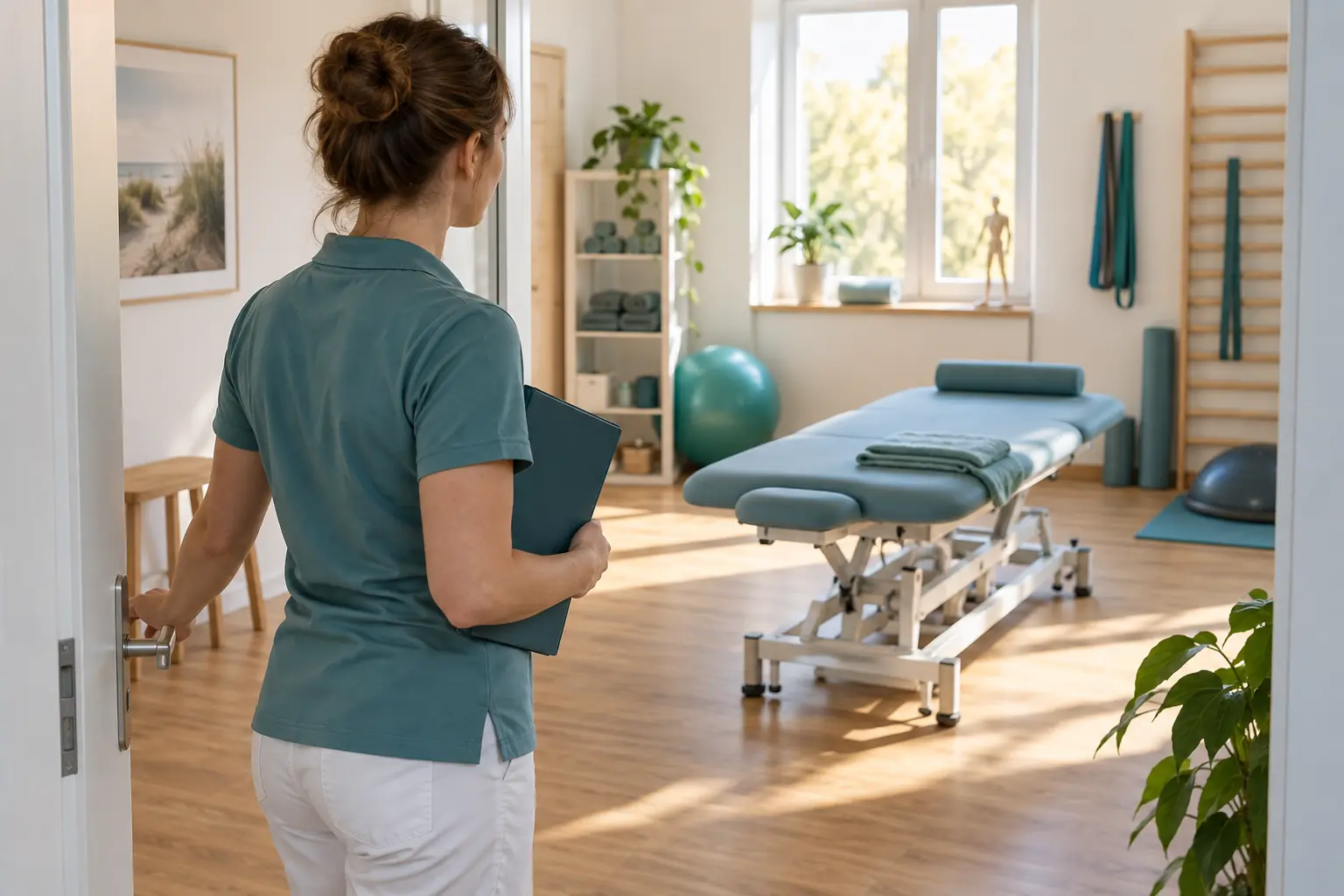 Eine Physiotherapeutin prüft einen vorbereiteten Behandlungsraum vom offenen Türbereich aus.