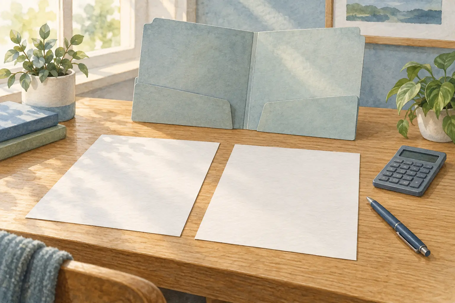 Eine Aquarellillustration zeigt zwei getrennt liegende unbeschriftete Papierblätter, eine offene Mappe, einen Stift und einen Taschenrechner auf einem aufgeräumten Holztisch.