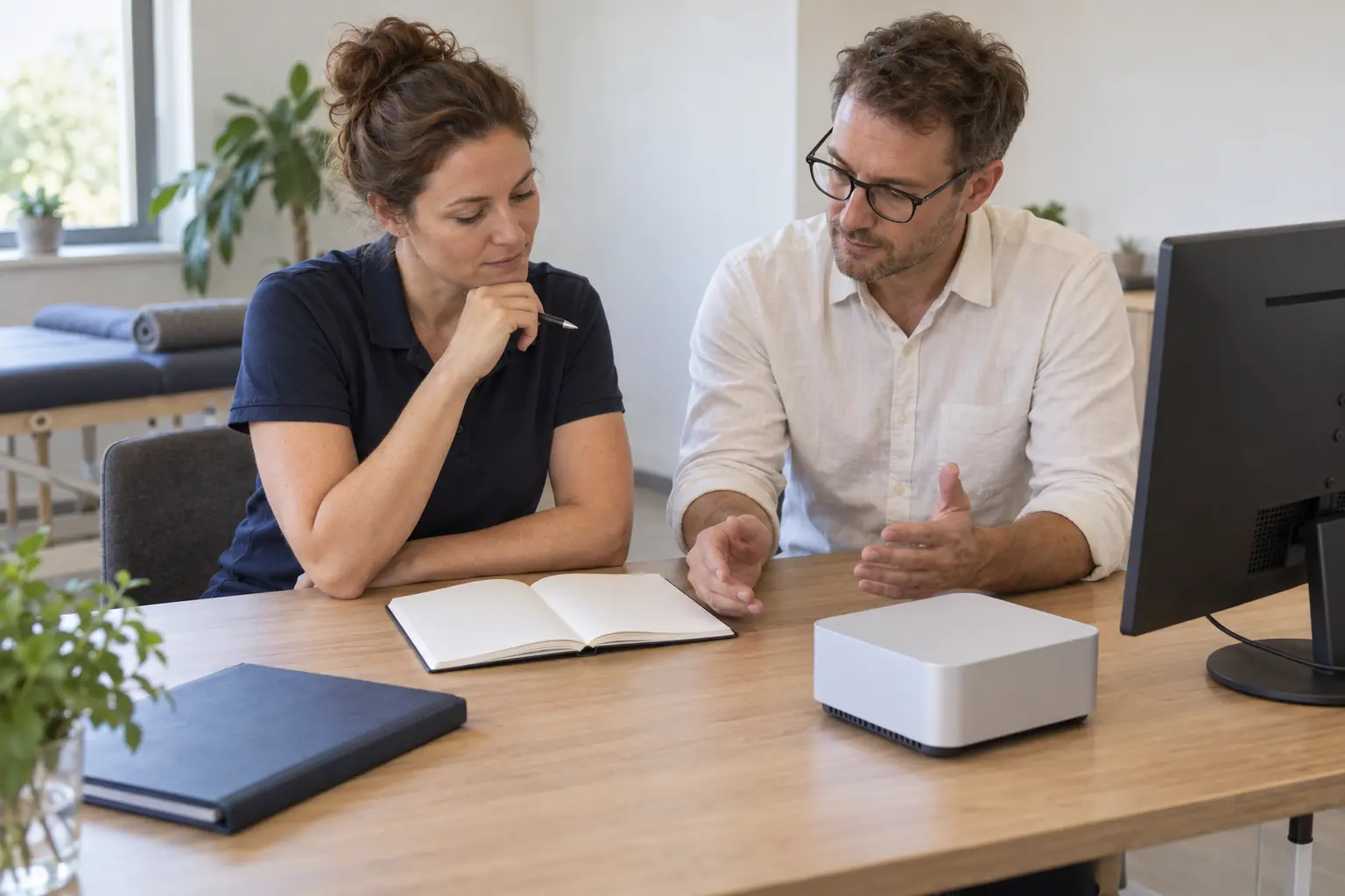 Eine Praxisinhaberin und ein technischer Ansprechpartner betrachten ein offenes unbeschriftetes Notizbuch an einem Tisch mit einem kleinen Computer und separatem Monitor; eine geschlossene Mappe liegt daneben.