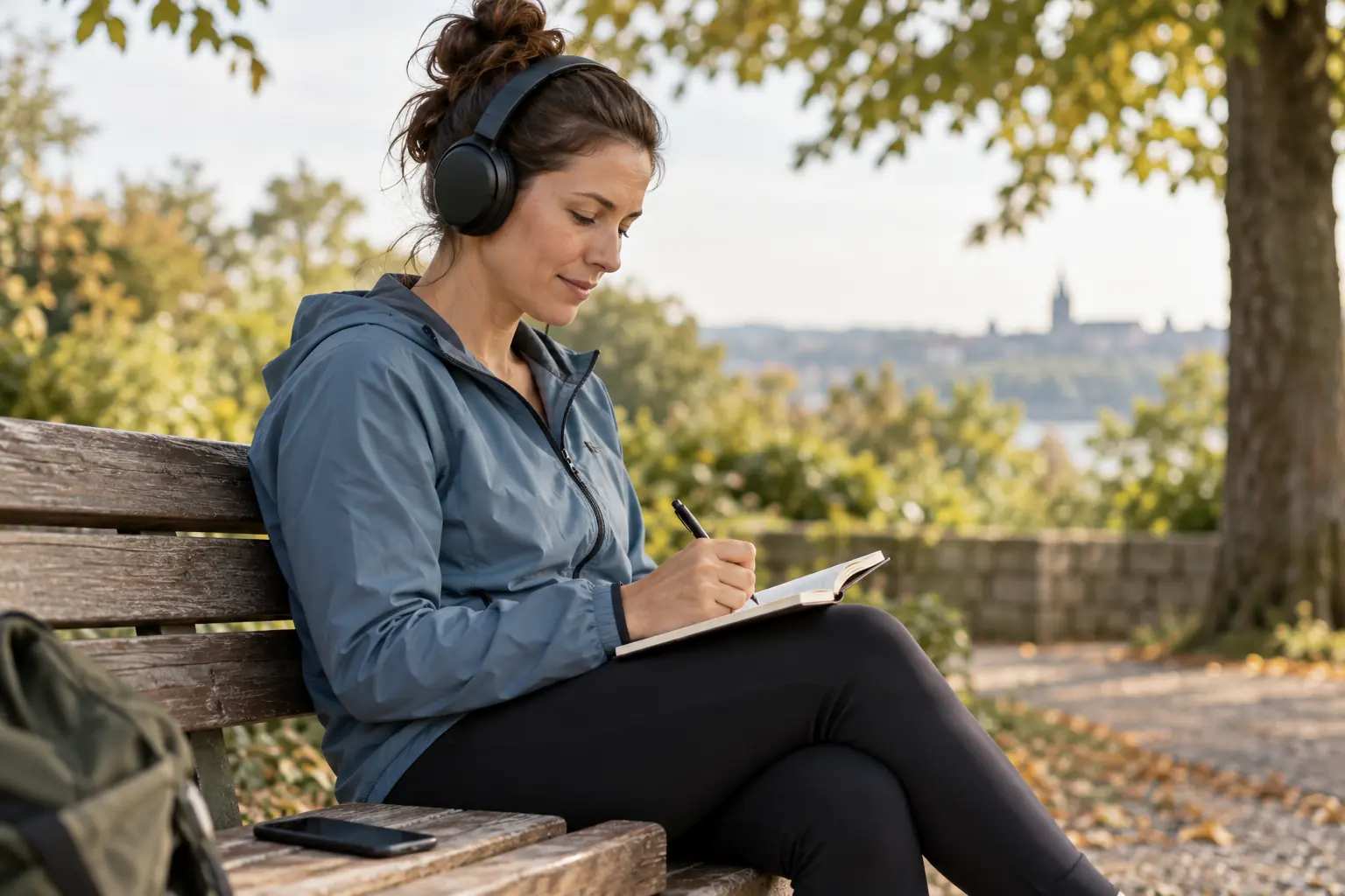 Eine Frau mit Kopfhörern sitzt auf einer Parkbank und schreibt mit einem Stift in ein kleines Notizbuch; neben ihr liegt ein Smartphone.