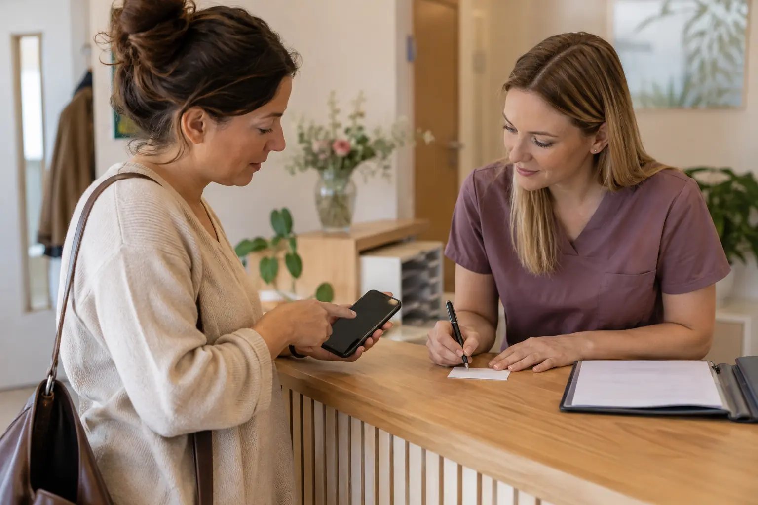 Eine Bezugsperson zeigt am Empfang auf ihr Smartphone, während die Mitarbeiterin die neue Kontaktangabe auf einer Karte klärt.