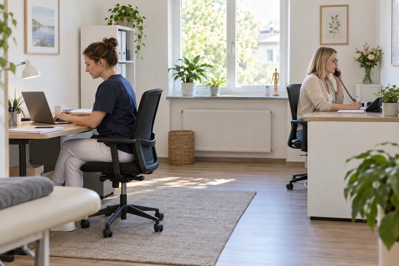 Zwei Mitarbeitende bearbeiten getrennte Aufgaben gleichzeitig an zwei Praxisarbeitsplätzen.