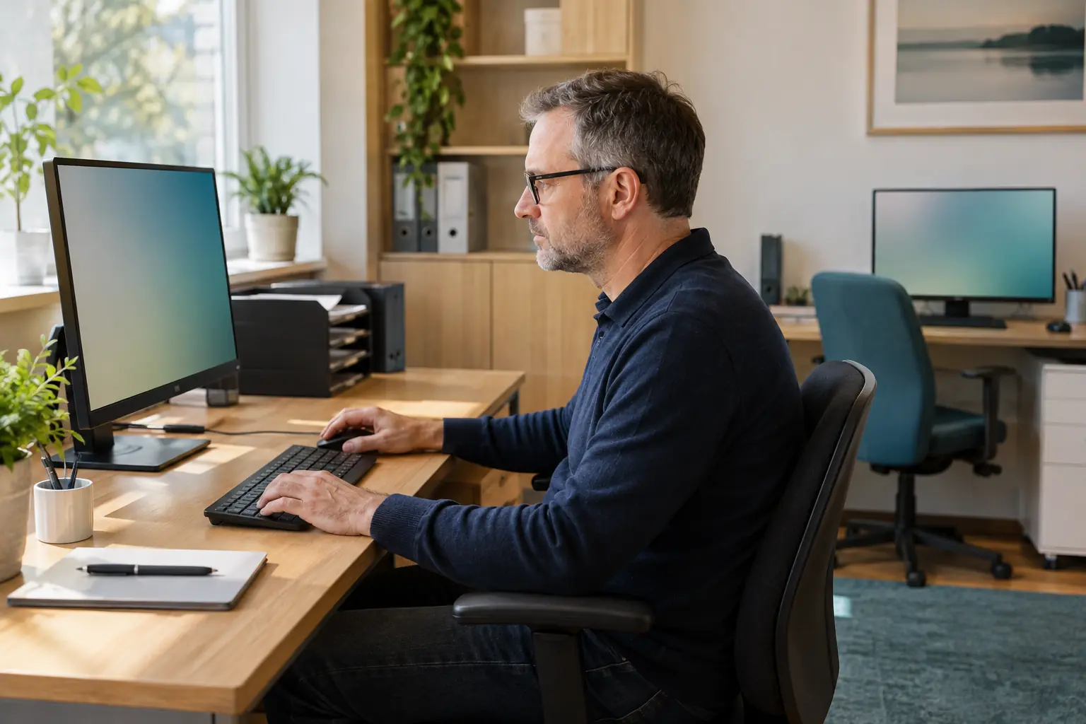 Ein IT-Betreuer prüft einen Praxiscomputer, während ein zweiter Arbeitsplatz im Hintergrund zu sehen ist.