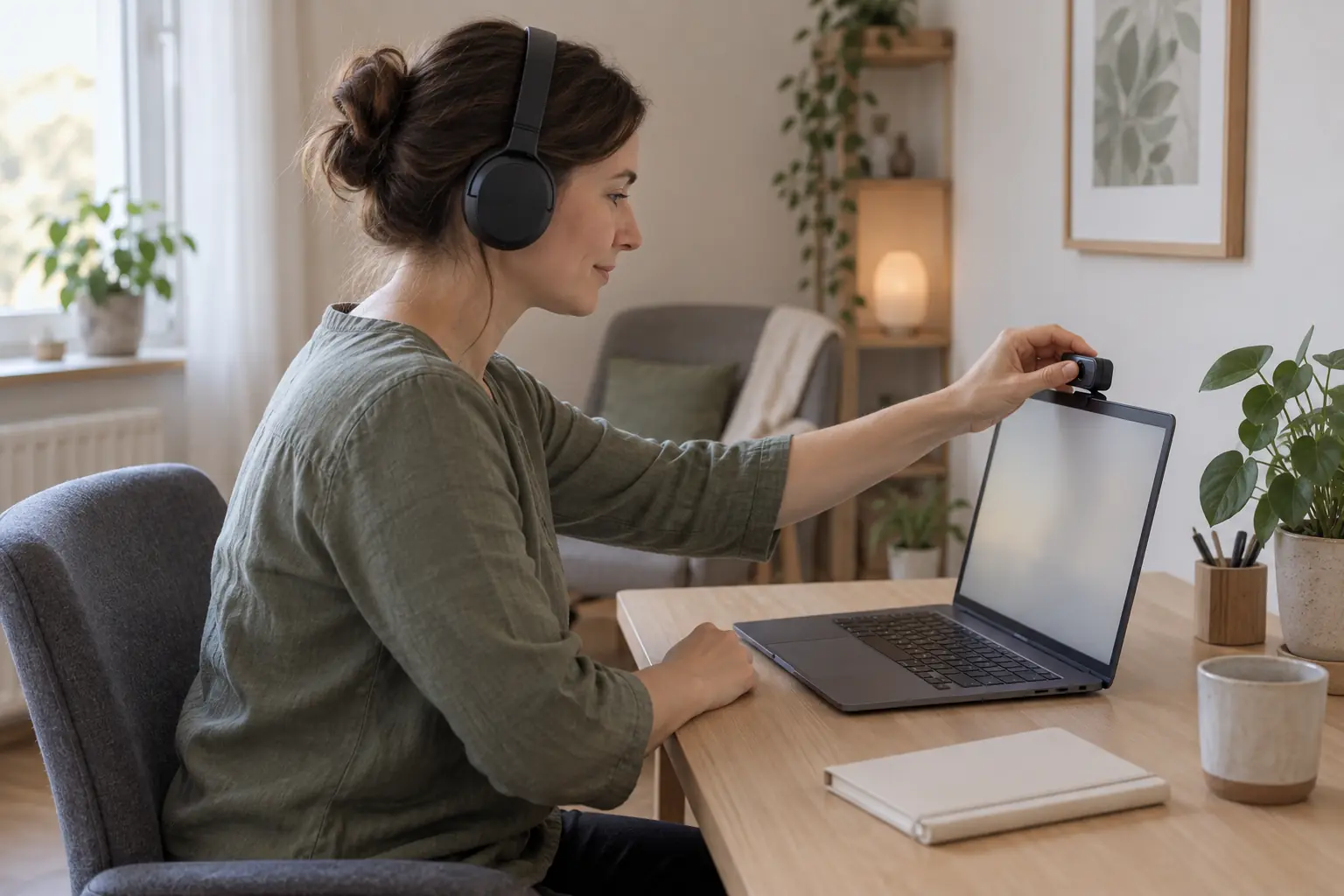Eine Frau mit Kopfhörern richtet an einem ruhigen Schreibtisch die Webcam ihres geöffneten Laptops aus.