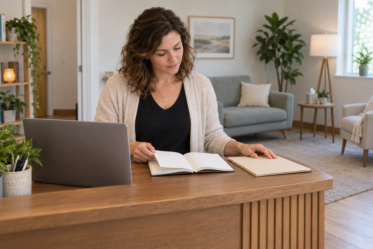 Eine Inhaberin einer kleinen Privatpraxis betrachtet ein offenes unbeschriftetes Notizbuch am Holzschreibtisch; neben ihr liegen eine geschlossene Mappe und ein Laptop mit sichtbarer Bildschirmrückseite, dahinter steht eine leere Sitzgelegenheit.