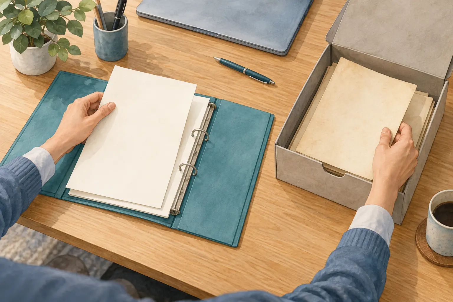 Hände ordnen eine neue Anleitungsseite in einen Ordner und legen ältere Unterlagen getrennt in eine Archivbox.