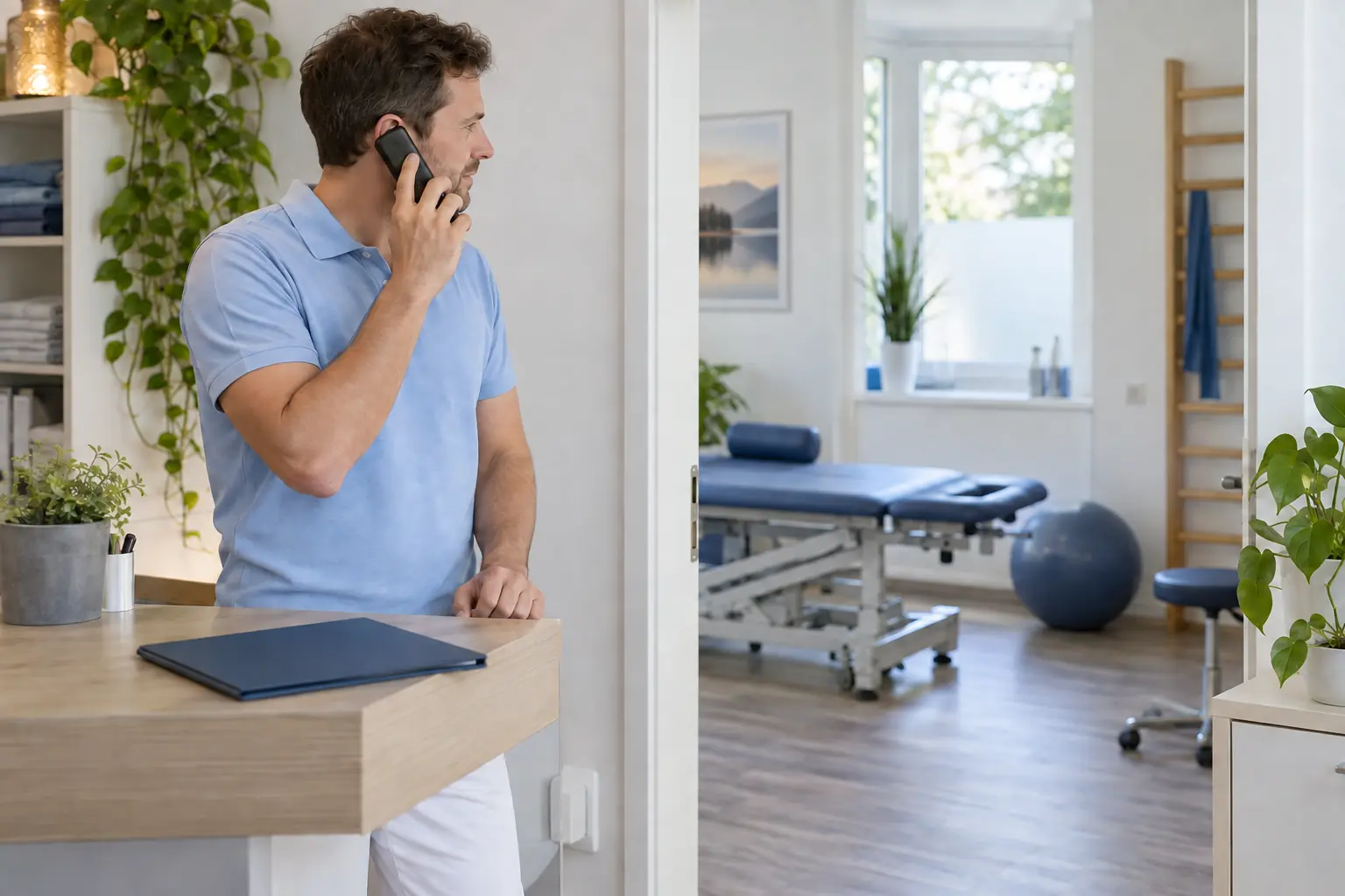Ein Physiotherapeut telefoniert am Empfang neben einem Ordner; im Hintergrund liegt der freie Behandlungsraum.