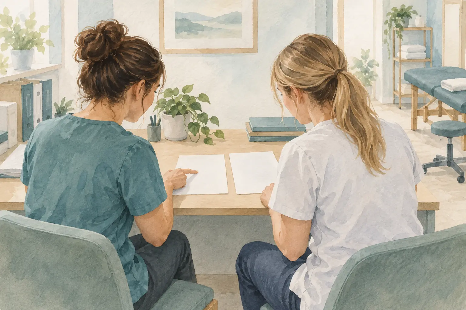 Zwei Therapeutinnen betrachten gemeinsam unbeschriftete Unterlagen am Praxisarbeitsplatz.
