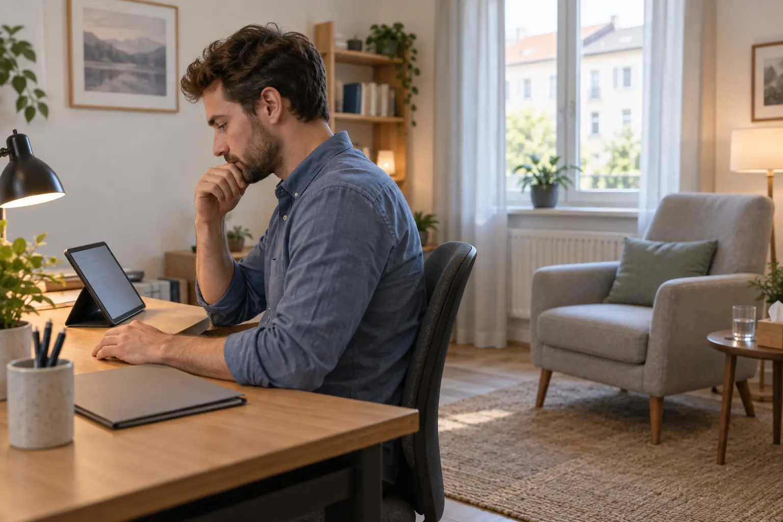 Ein Therapeut sitzt allein an einem kleinen Schreibtisch und betrachtet ein aufgestelltes Tablet; daneben liegt eine Mappe und im Raum steht ein freier Sessel.