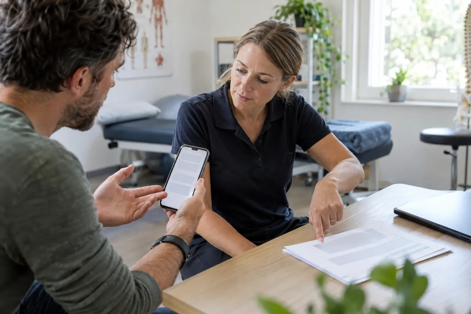 Ein erwachsener Mann zeigt einer Therapeutin sein Smartphone, während sie auf die danebenliegende Papierunterlage deutet.