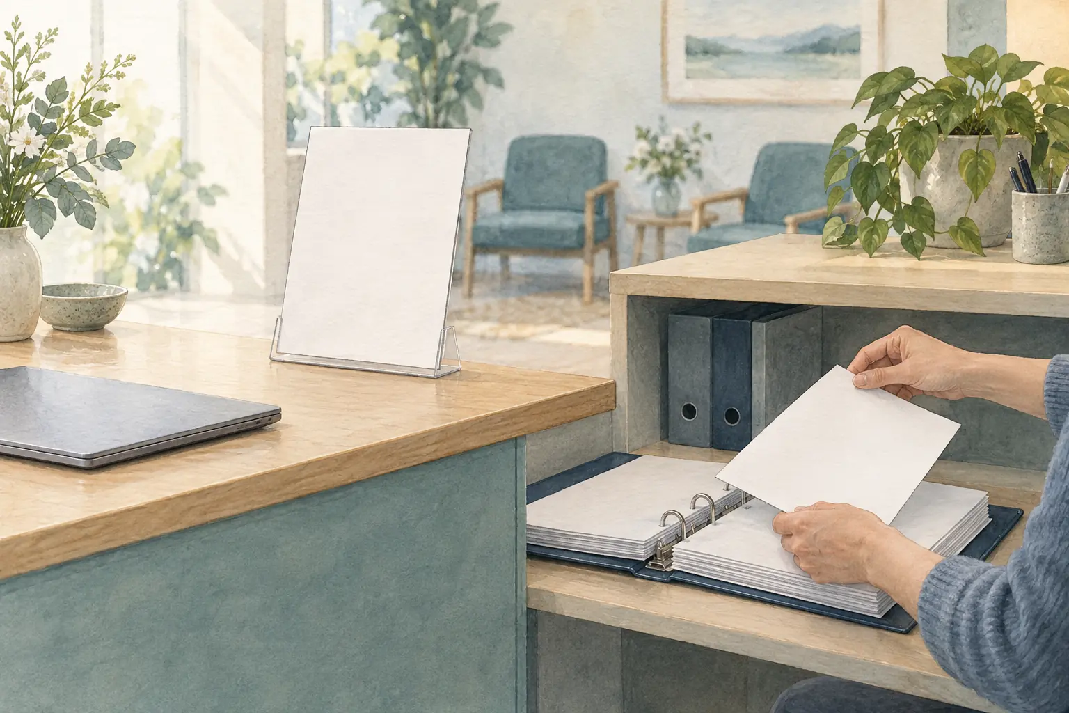 Ein Blatt steht am Arbeitsplatz bereit, während zwei Hände weitere Unterlagen in einen daneben geöffneten Ordner legen.