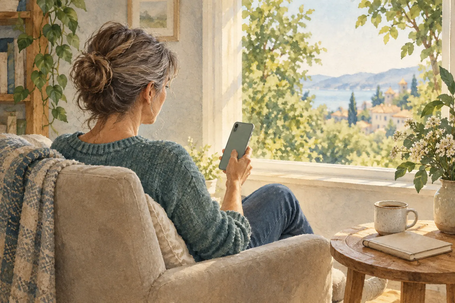 Aquarell einer Frau am Fenster zu Hause, die ein Smartphone von der Rückseite hält und Informationen sucht.