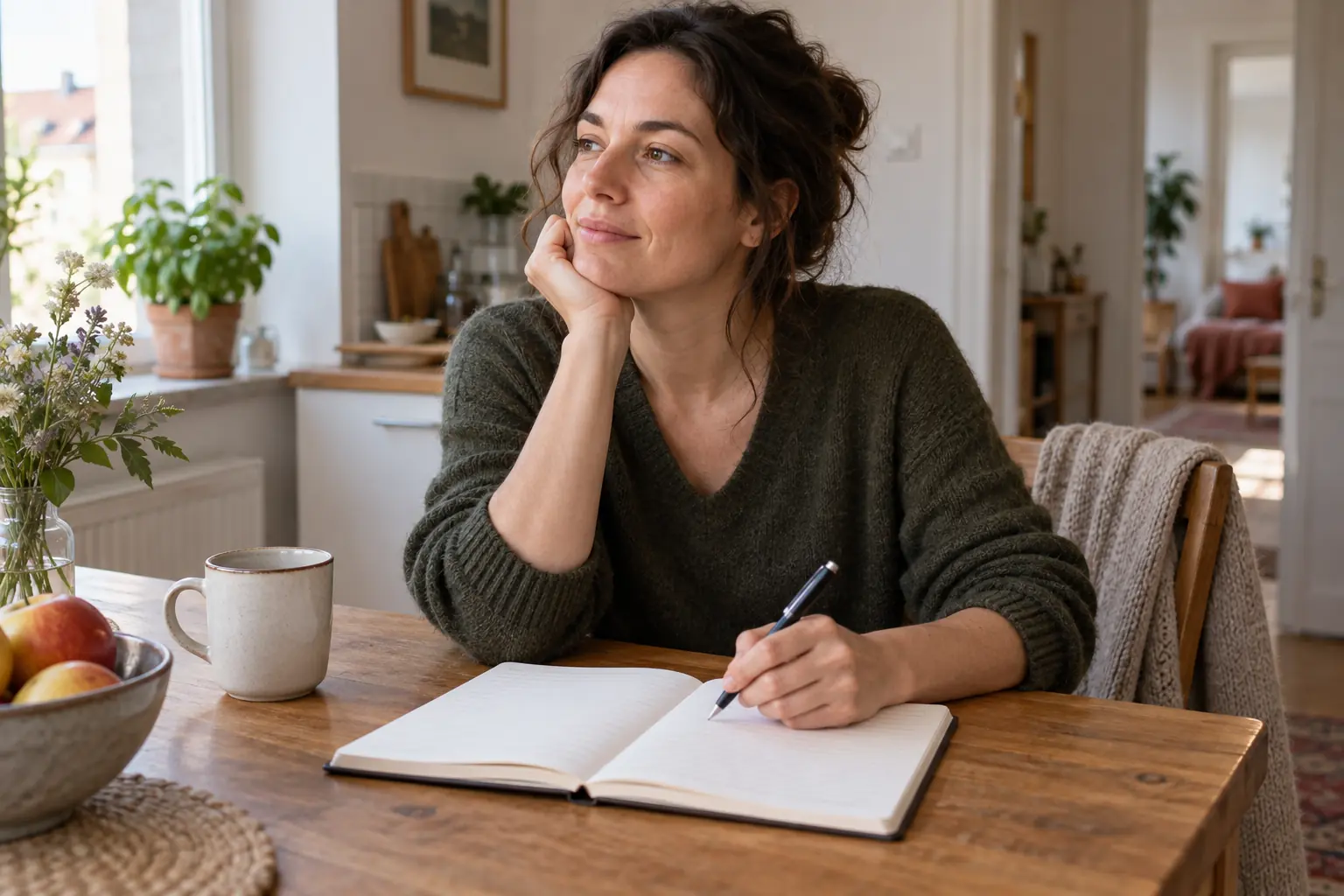 Eine Frau sitzt nachdenklich an einem Küchentisch und hält einen Stift über ein aufgeschlagenes Notizbuch; daneben steht eine Tasse.