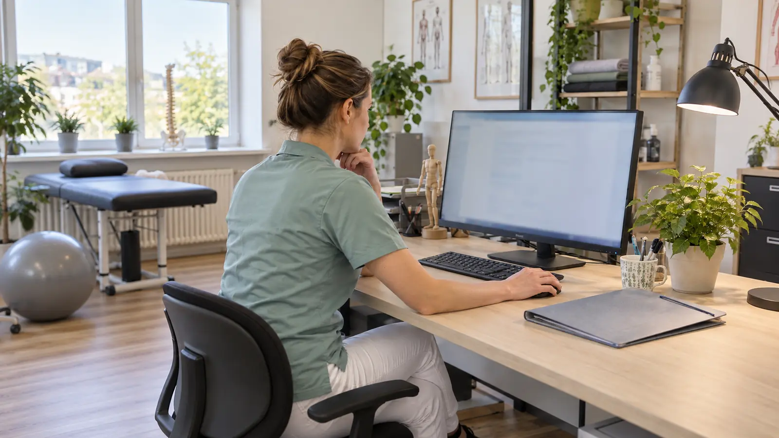 Eine Therapeutin liest allein an einem Praxisarbeitsplatz einen geöffneten Vorgang auf einem abgewandten Monitor.