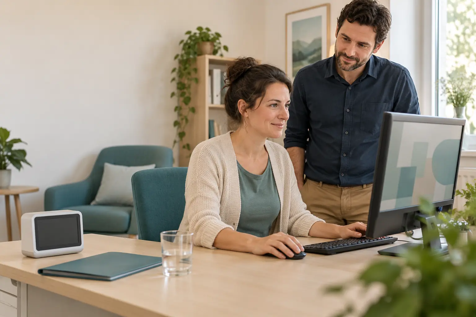 Eine Praxismitarbeiterin bedient einen Arbeitsplatz, während eine technische Betreuung seitlich zuhört und der Mitarbeiterin die Bedienung überlässt.
