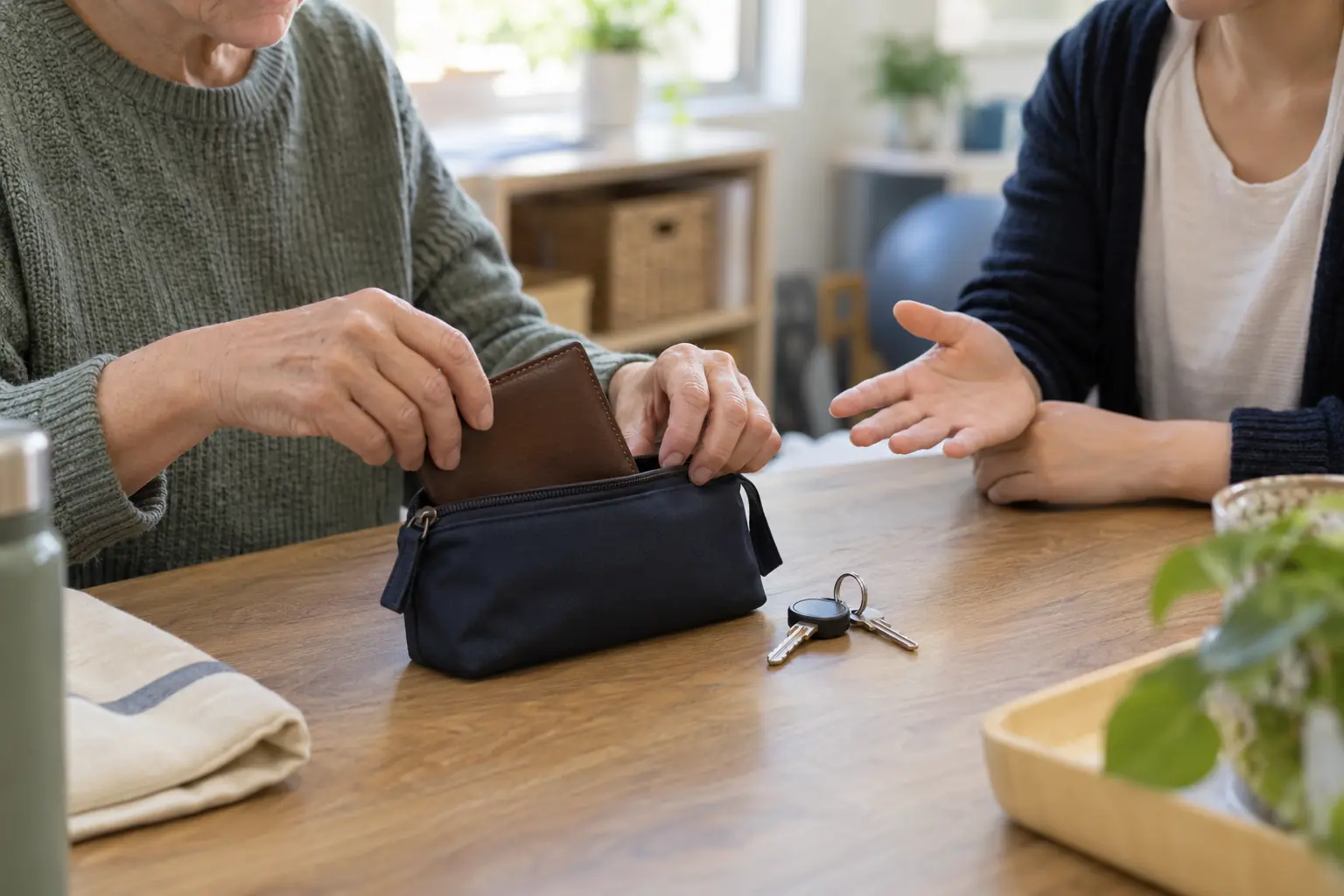 Eine Person steckt ein Portemonnaie in eine kleine Tasche; daneben liegen Schlüssel, während eine Therapeutin die Aufgabe mit einer offenen Hand begleitet.