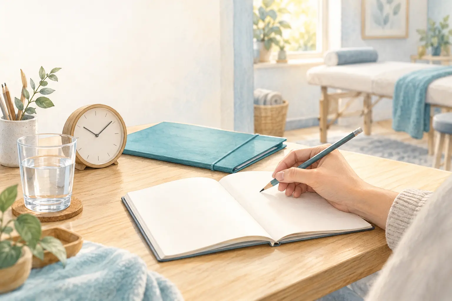 Eine Hand hält einen Stift über einem offenen Notizbuch, daneben liegen eine Mappe, eine Uhr und ein Wasserglas.